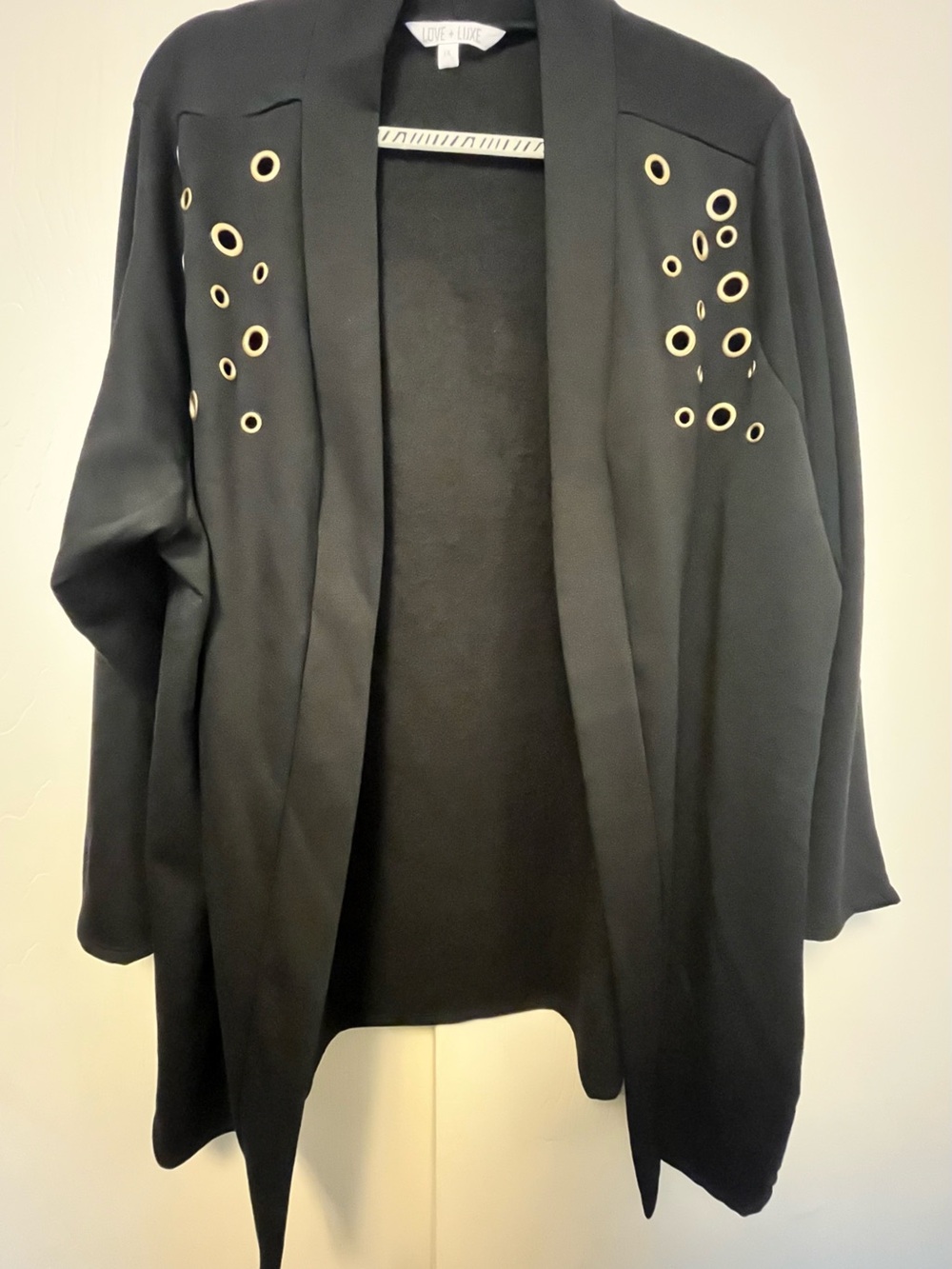 Black Open-Front Blazer with Gold Eyelet Detail